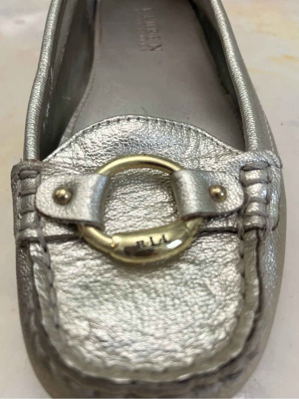 Lauren Ralph Lauren Gold Metallic Leather Loafers with Buckle